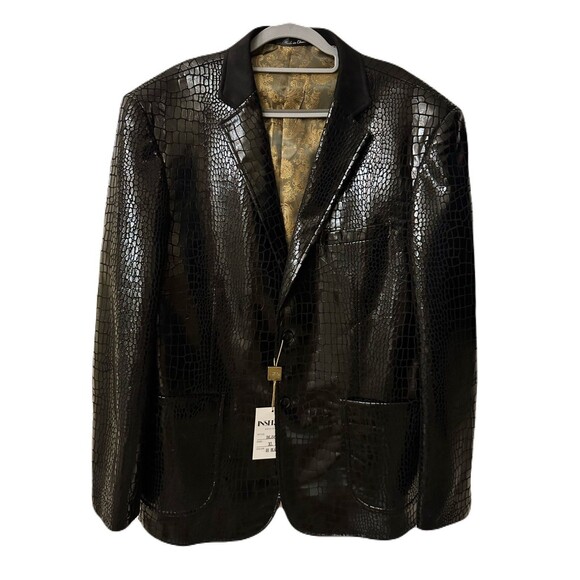NEW Inserch Mens Size XL Alligator EmbossedCombo Blazer Jacket Glossy Black